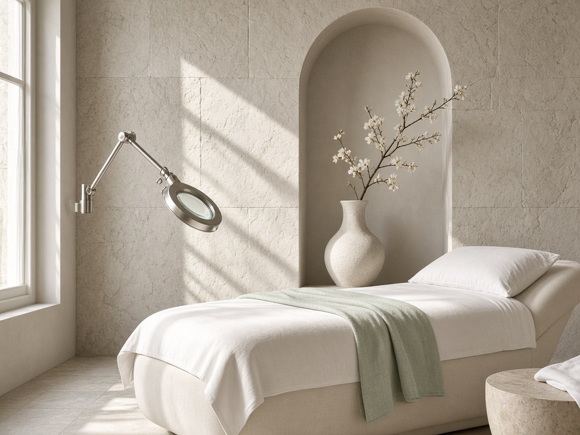 Quiet facial treatment room with a cream bed, sage throw, limestone arch and white blossom
